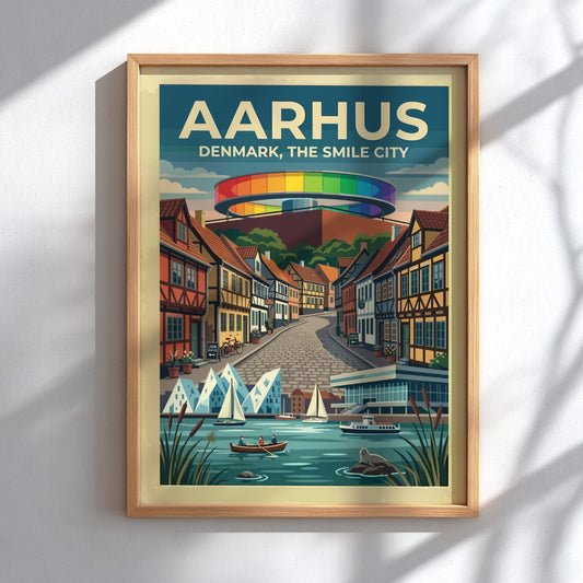 Travel poster of Aarhus Denmark featuring the rainbow walkway above timber houses and boats