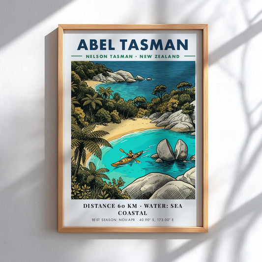 Poster featuring a kayaker paddling near Split Apple Rock in Abel Tasman National Park.
