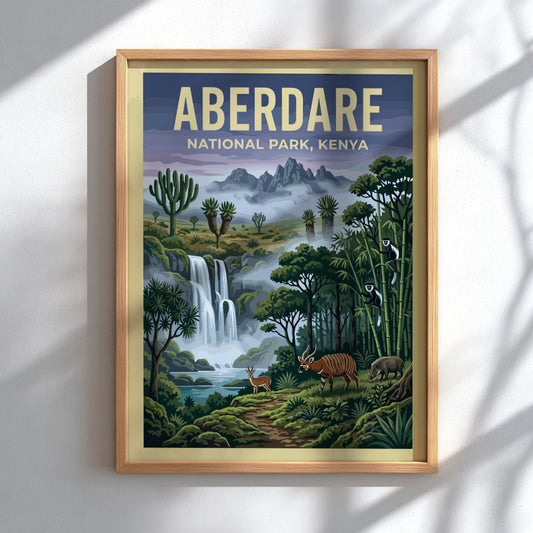 Poster featuring Aberdare National Park with waterfalls, lush greenery, and wildlife in vibrant colors.