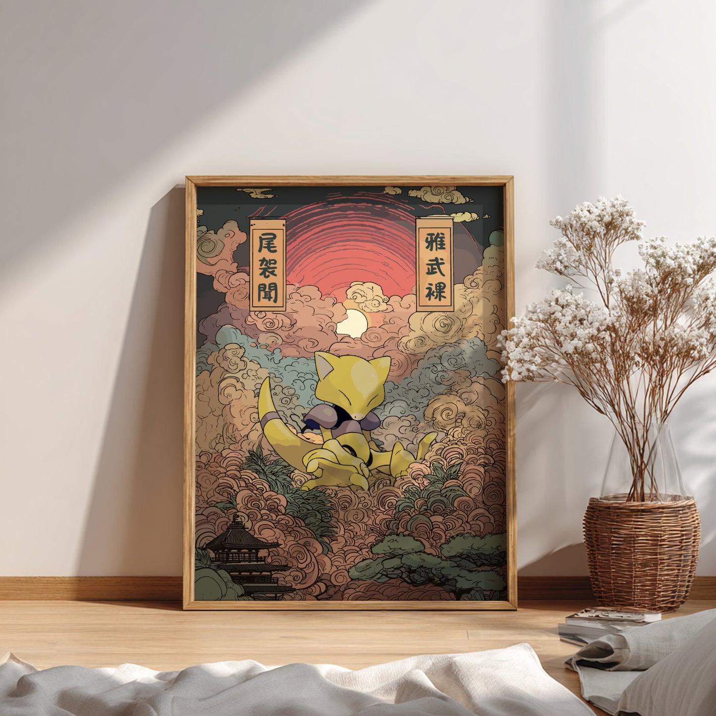 Framed artwork with a colorful design of Abra Pokemon in a scenic setting, placed on a wooden floor.