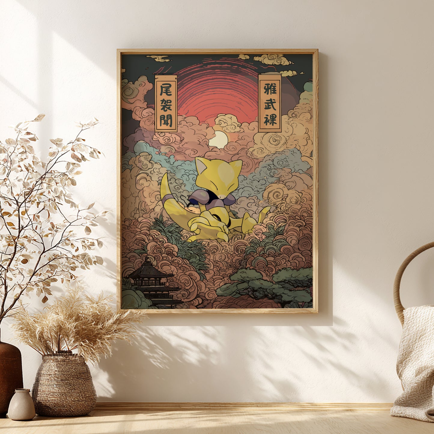 Framed artwork with a colorful design of Abra Pokemon in a natural setting, placed on a wall.