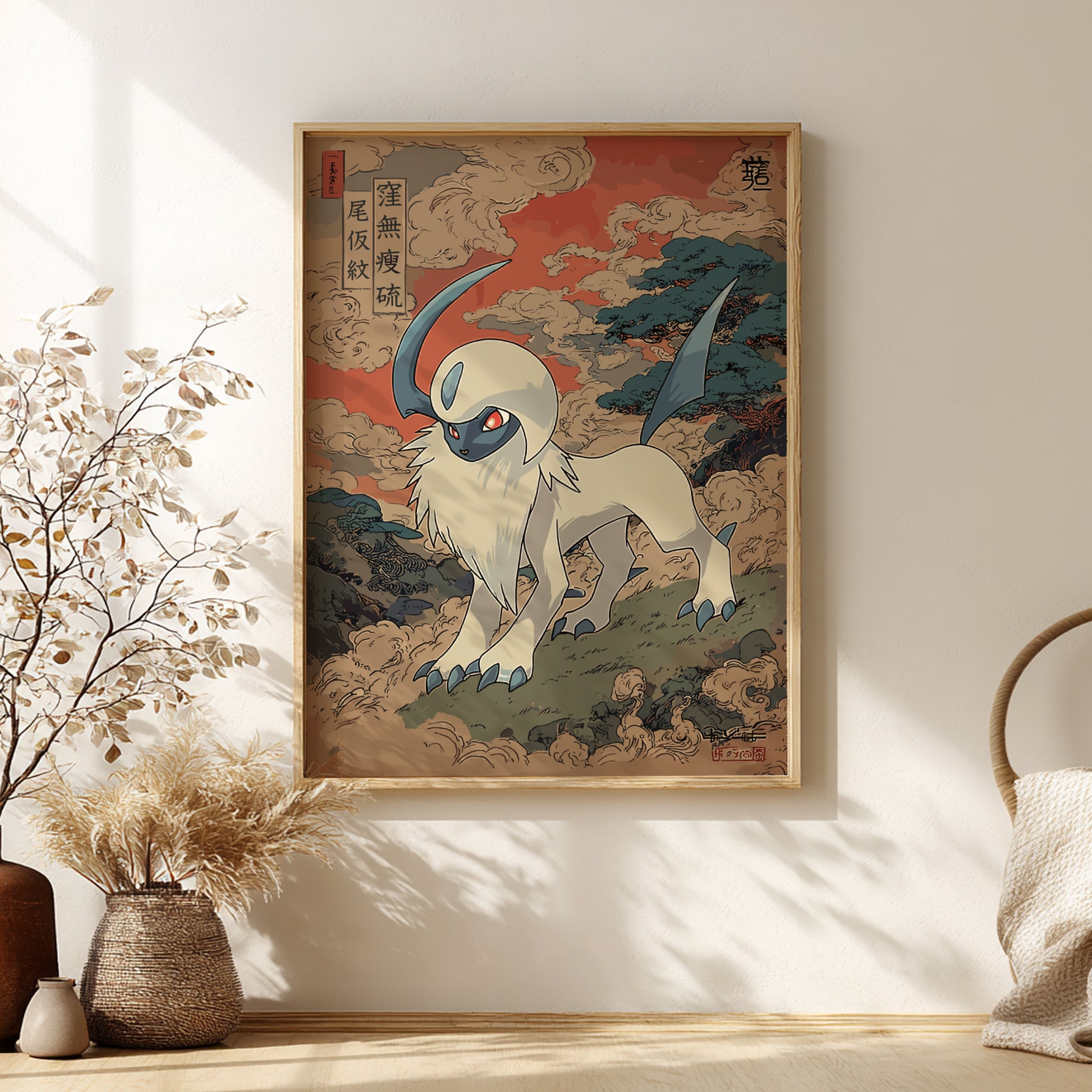 Framed artwork of Absol Pokemon on a wall with decorative elements.
