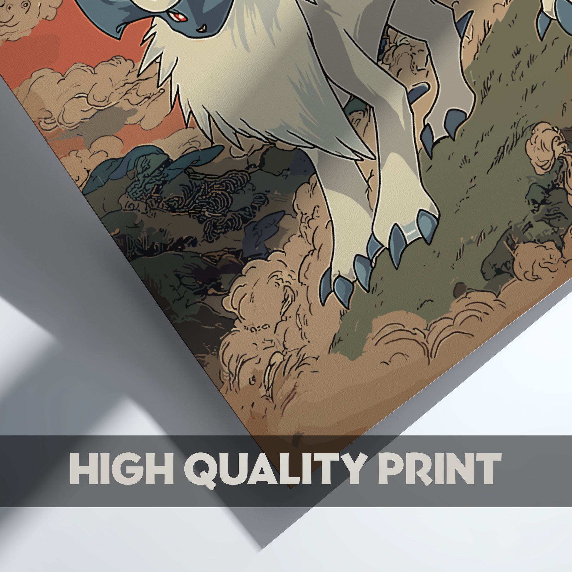 High-quality print of Absol Pokemon on a textured surface with 'HIGH QUALITY PRINT' text overlay.