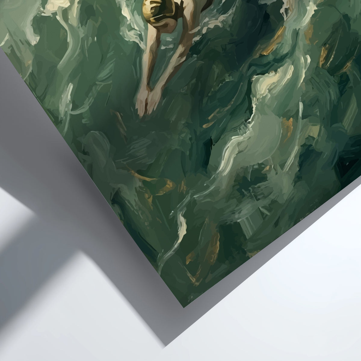 Poster of a vintage swimmer gliding through textured green waves in a painterly style