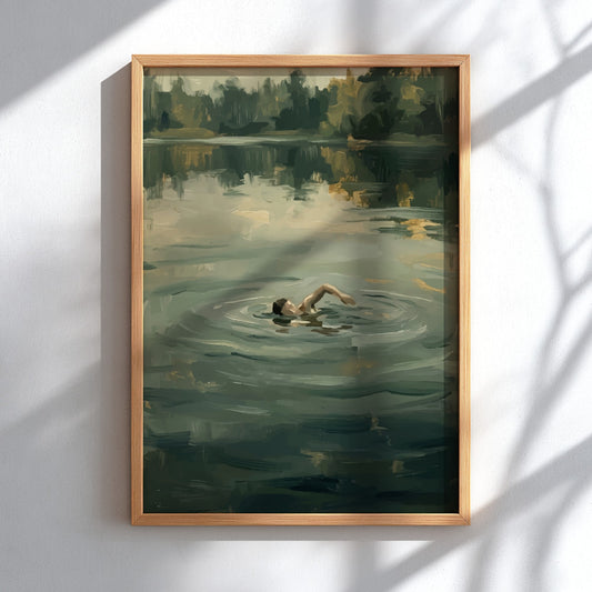 Poster featuring a lone swimmer in calm green water with soft impressionist brushstrokes