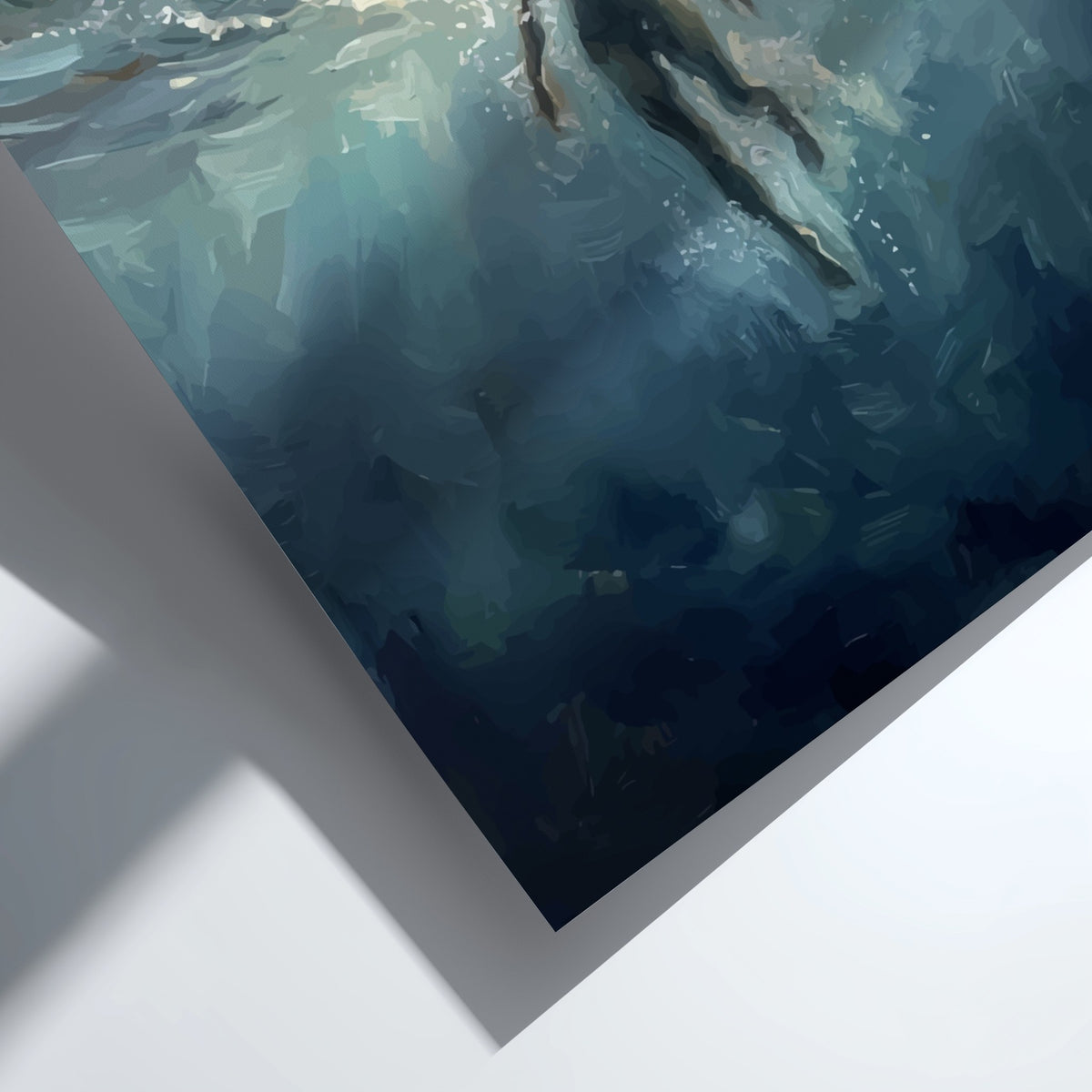 Poster of a woman swimming underwater with sunlight filtering through deep blue ocean waves