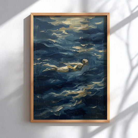 Poster of a lone swimmer gliding through textured, deep blue, impressionist style ocean waves.