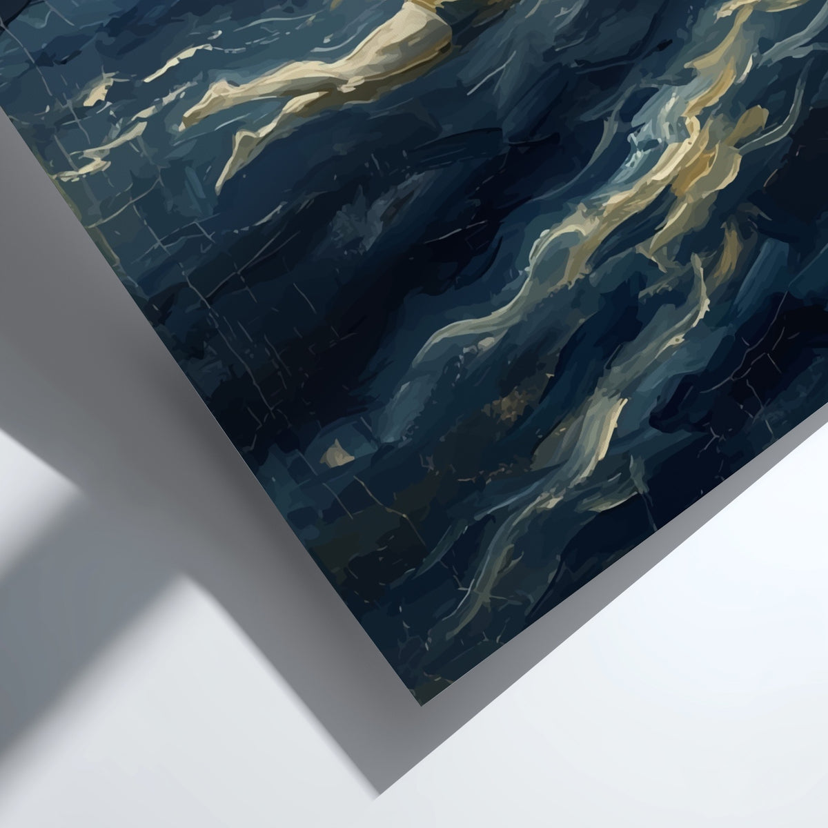 Poster of a lone swimmer gliding through textured, deep blue, impressionist style ocean waves.