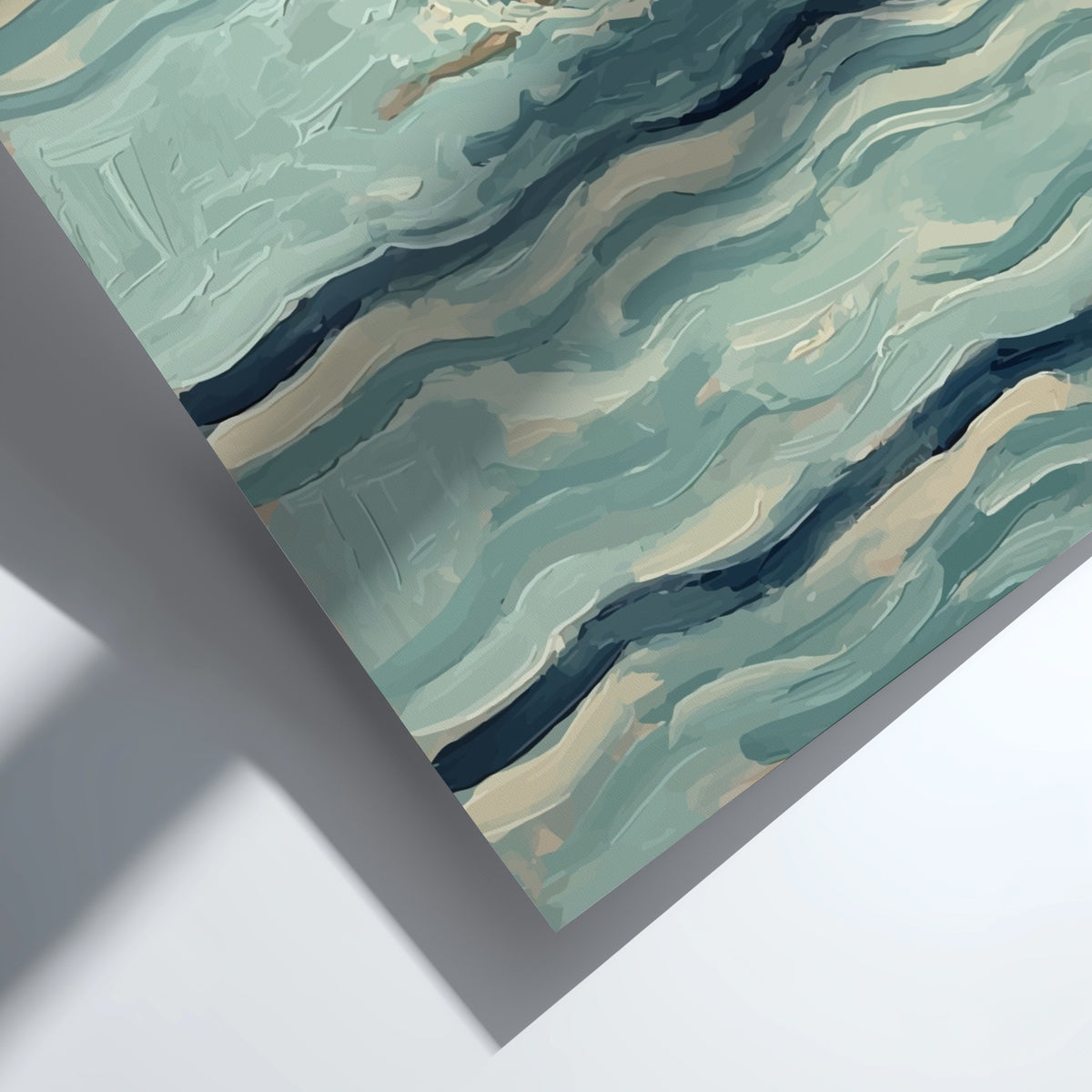 Poster of a person swimming through textured blue waves in a vintage painterly style