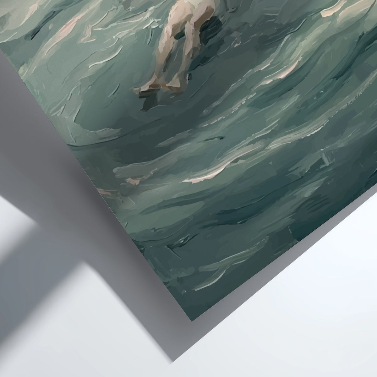 Poster featuring an impressionist painting of a woman floating peacefully in calm blue water