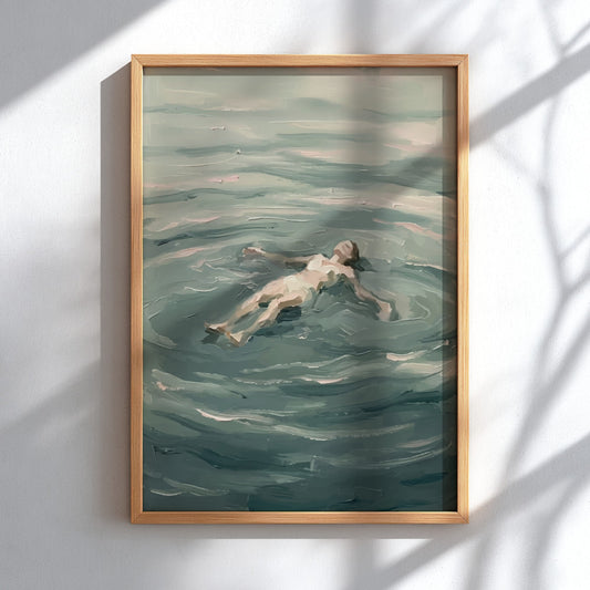 Poster featuring an impressionist painting of a woman floating peacefully in calm blue water