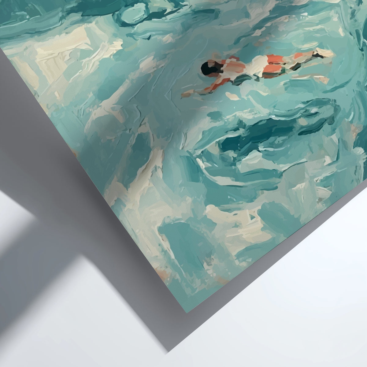 Poster featuring a woman swimming in a pool with thick impasto blue paint texture