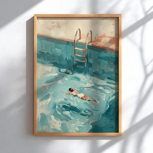 Poster featuring a woman swimming in a pool with thick impasto blue paint texture