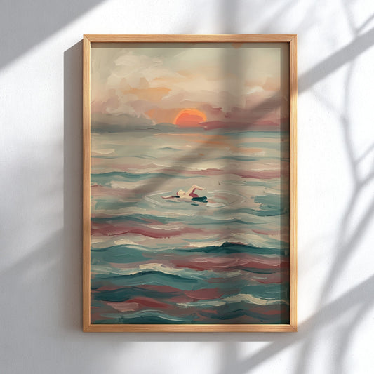 Poster featuring an oil painting of a lone swimmer in teal water at sunset.