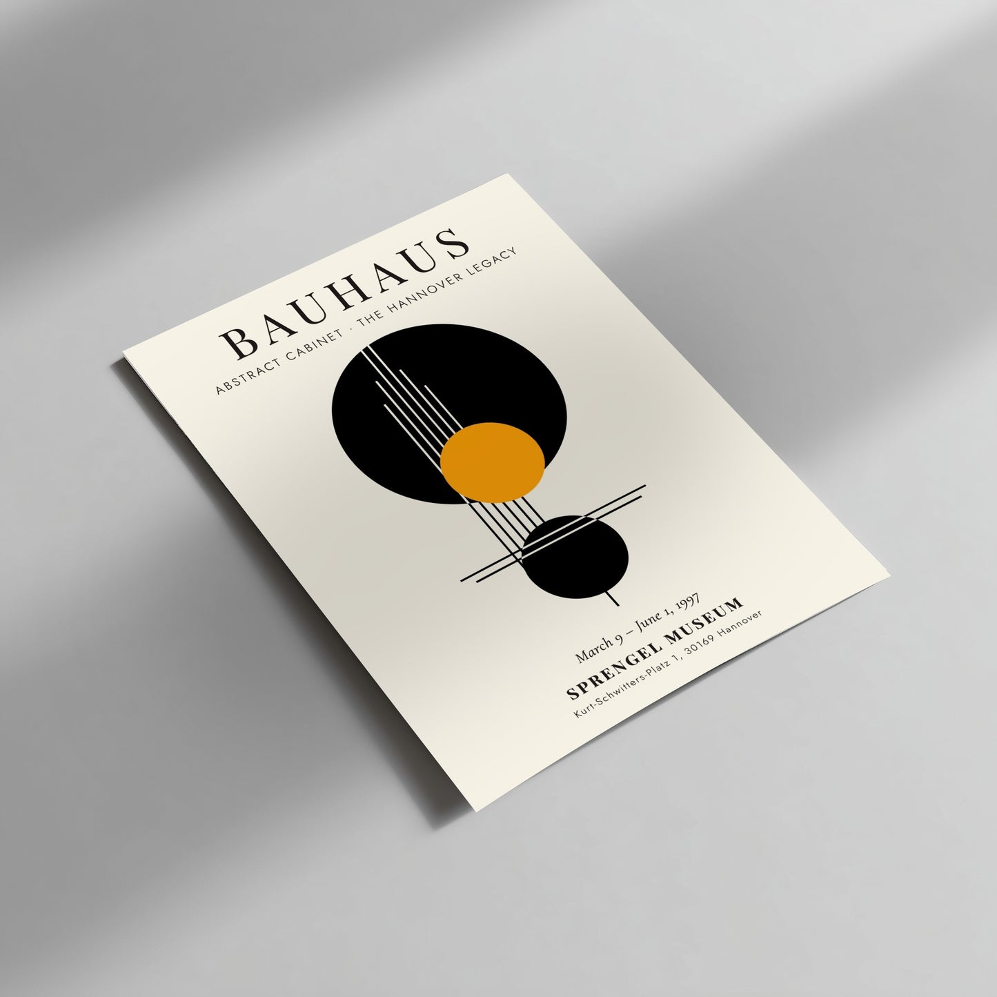 Bauhaus poster featuring Abstract Cabinet design with geometric shapes in black, orange, and white colors.