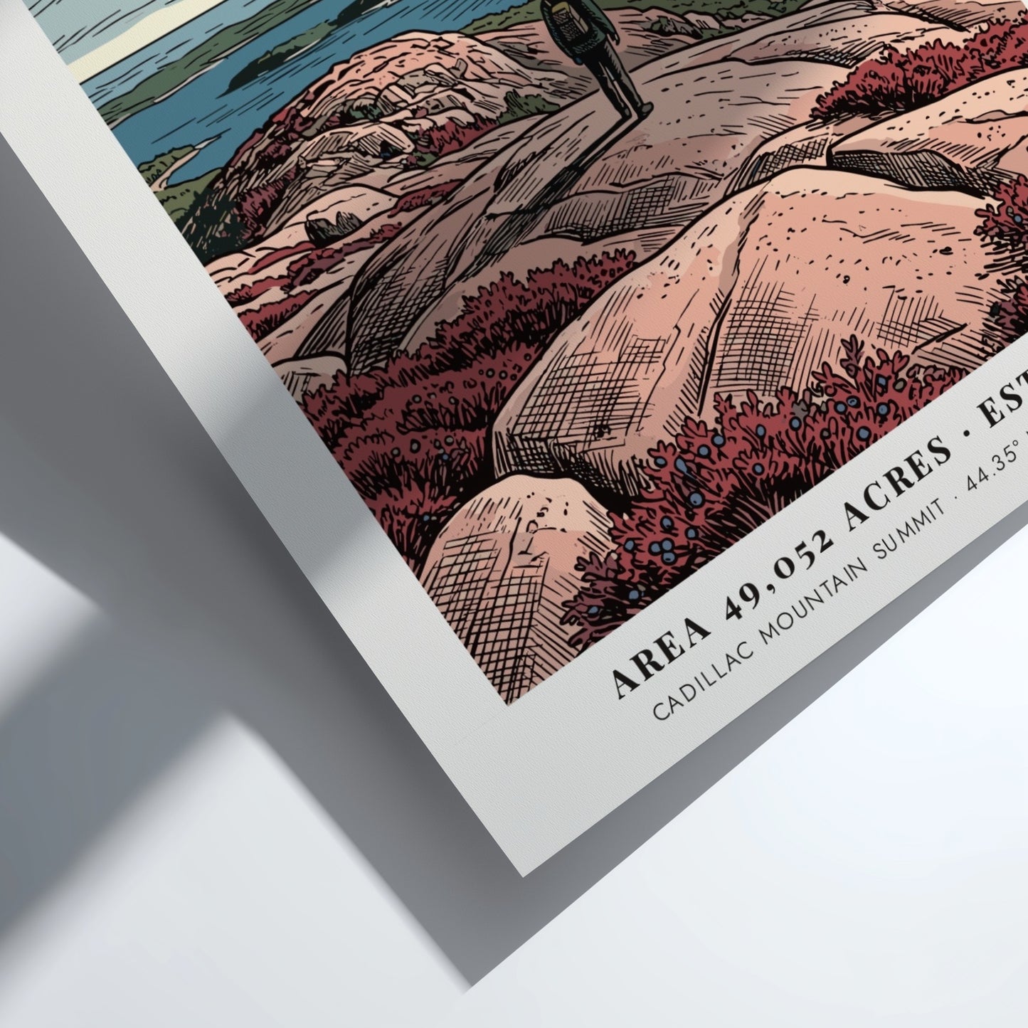 Acadia National Park travel poster showing a hiker overlooking the blue Maine coast.