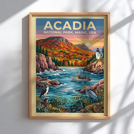 Travel poster of Acadia National Park featuring a lighthouse, fishing boat, and coastal wildlife.