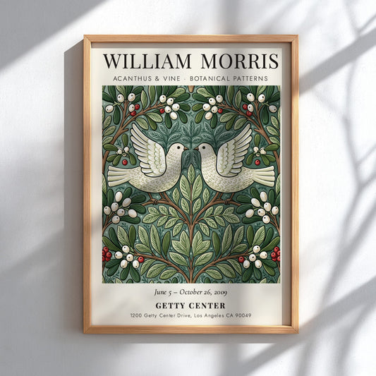William Morris poster featuring Acanthus & Vine design with botanical patterns in green and white
