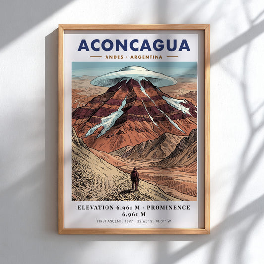 Poster featuring the Aconcagua mountain in the Andes with a lone climber below.