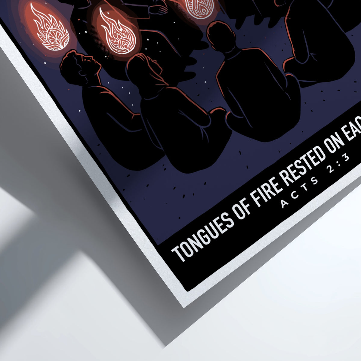 Poster featuring people with radiant tongues of fire above them in dark blue