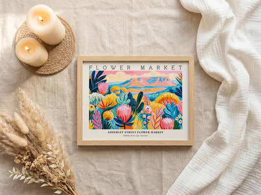 Flower market poster featuring vibrant flowers in pink, green, and yellow hues