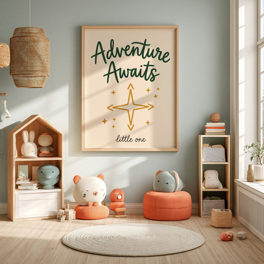 Kids room poster featuring 'Adventure Awaits' in green and gold, ideal for nursery decor and children's wall