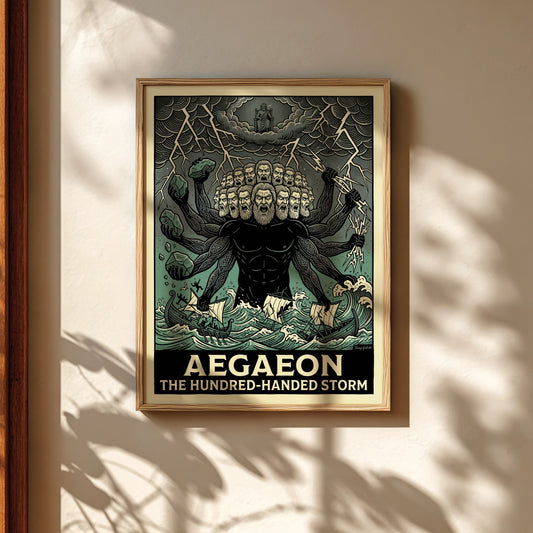 Aegaeon poster featuring a hundred-handed giant from Greek mythology in a stormy sea, illustrative style.