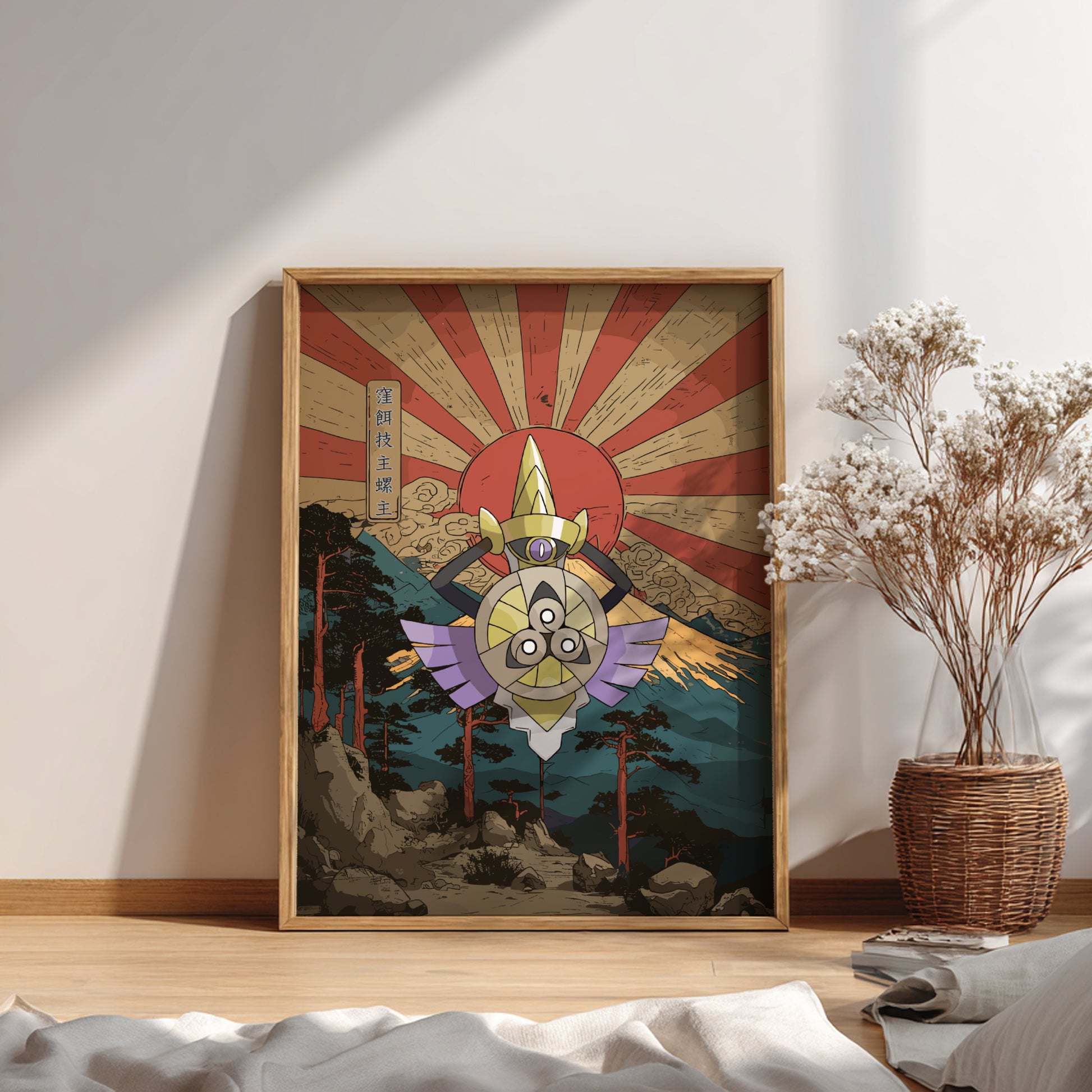 Framed artwork with a sun and mountain design and Aegislash Pokemon on a wall in a room.