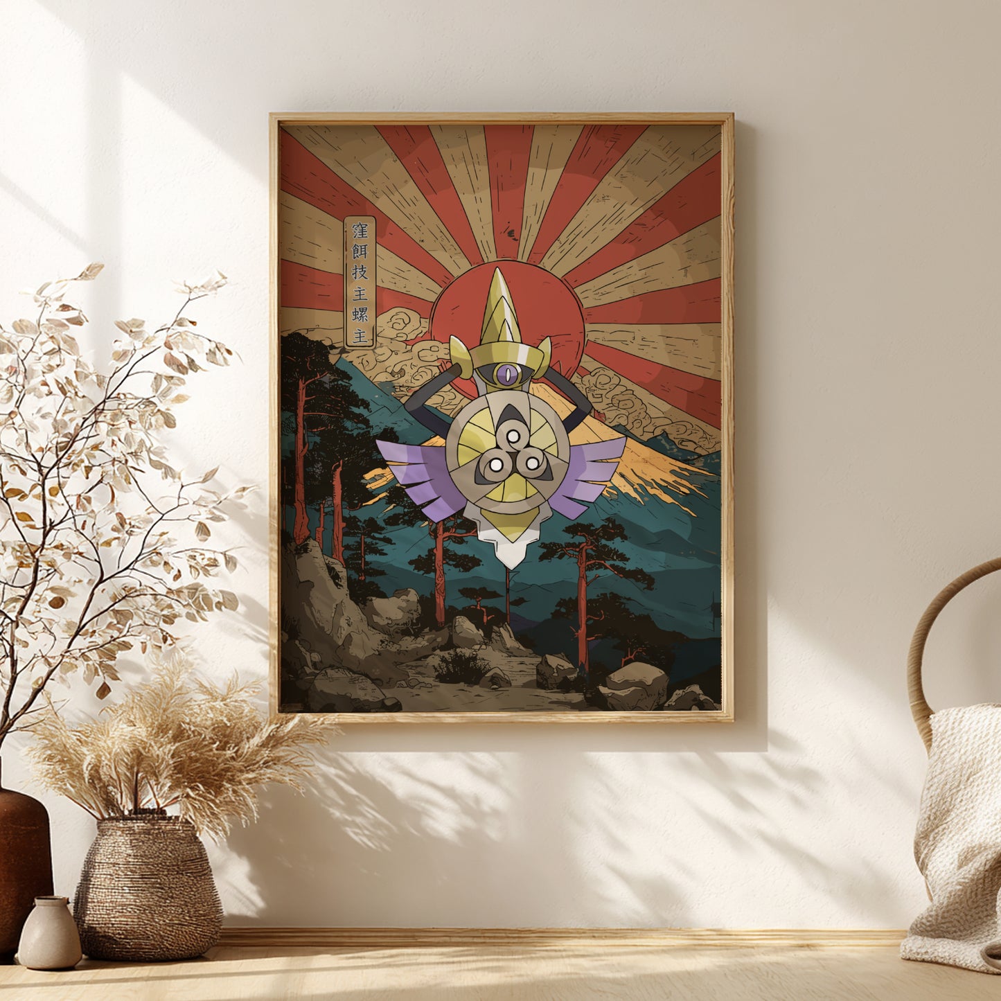 Framed artwork with Aegislash Pokemon design of a sun and mountain landscape on a wall.
