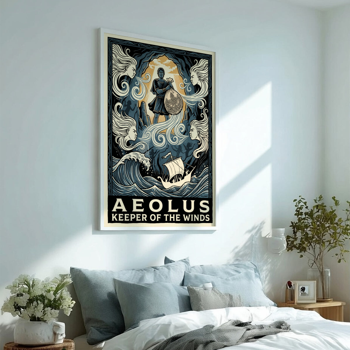 Poster featuring Aeolus holding a bag of winds above a ship in blue