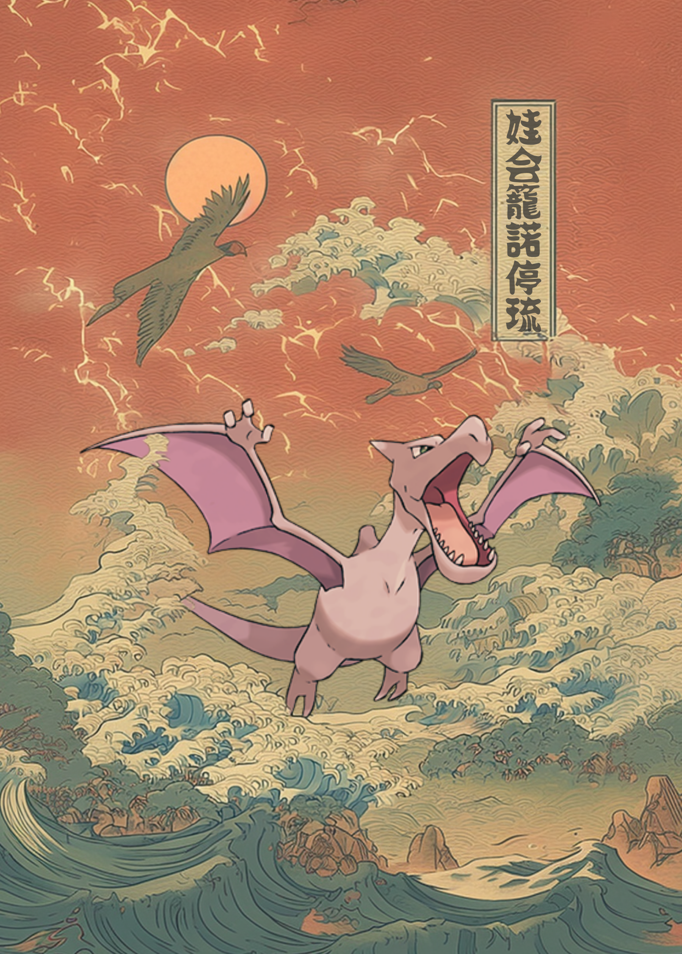 Aerodactyl Pokemon in a fantasy landscape with mountains and a sun.