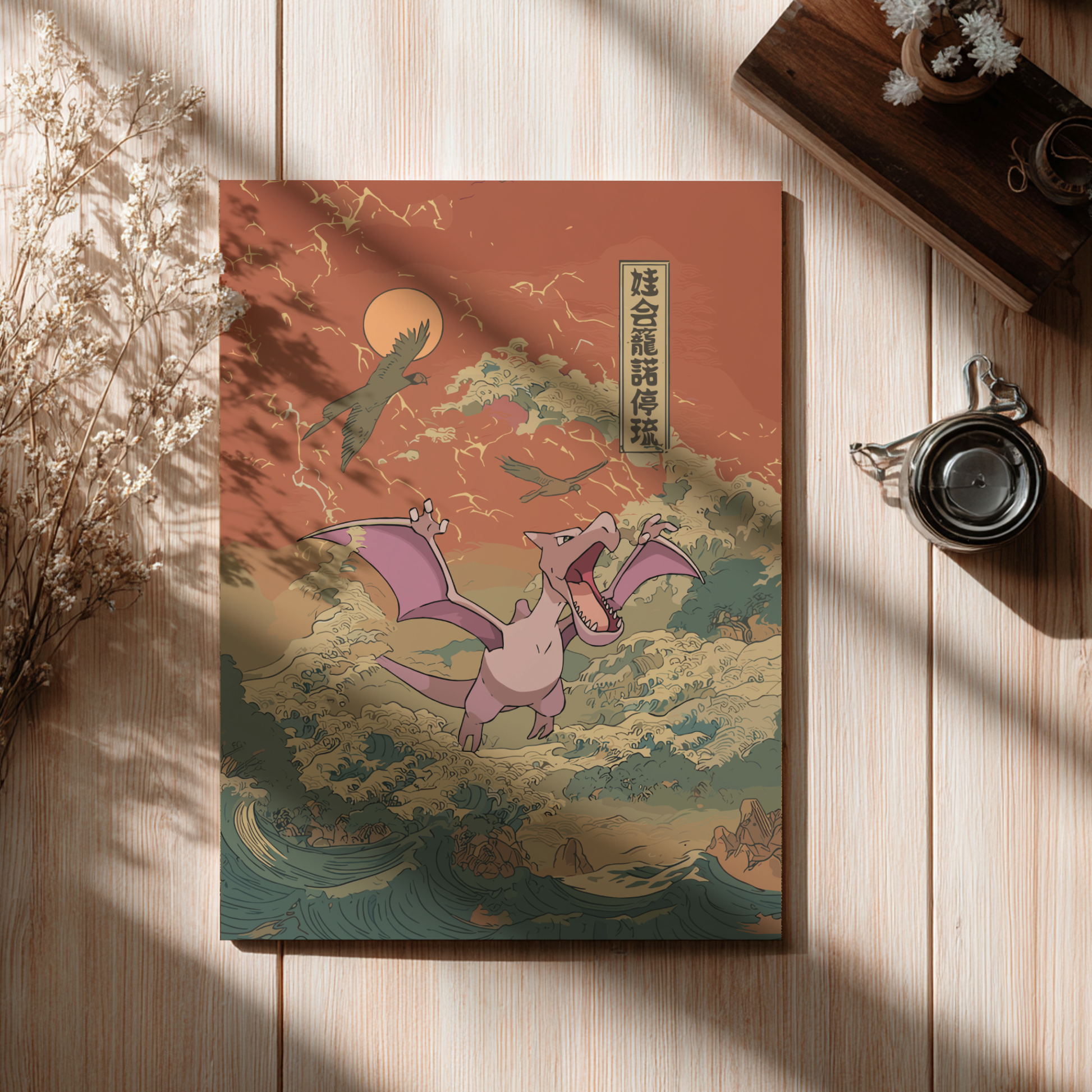 Poster with Aerodactyl Pokemon illustration on a wooden surface
