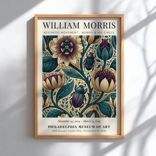 William Morris poster featuring floral patterns in vibrant colors, Aesthetic Movement design