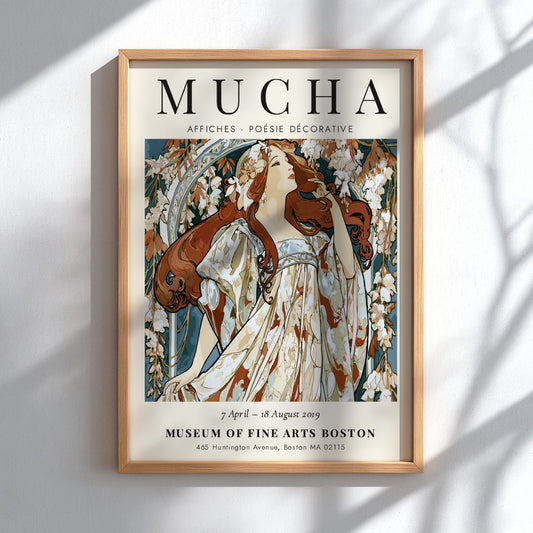 Alphonse Mucha poster featuring floral motifs and elegant colors in Art Nouveau style