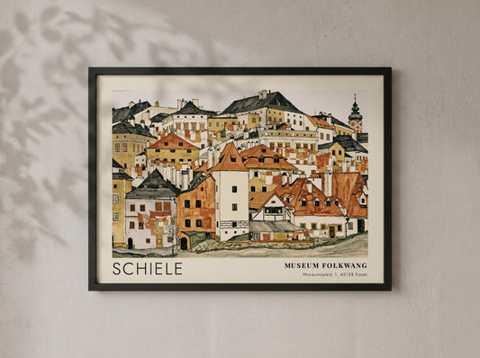 Wall art poster featuring Egon Schiele townscape illustration with Museum Folkwang exhibition text.