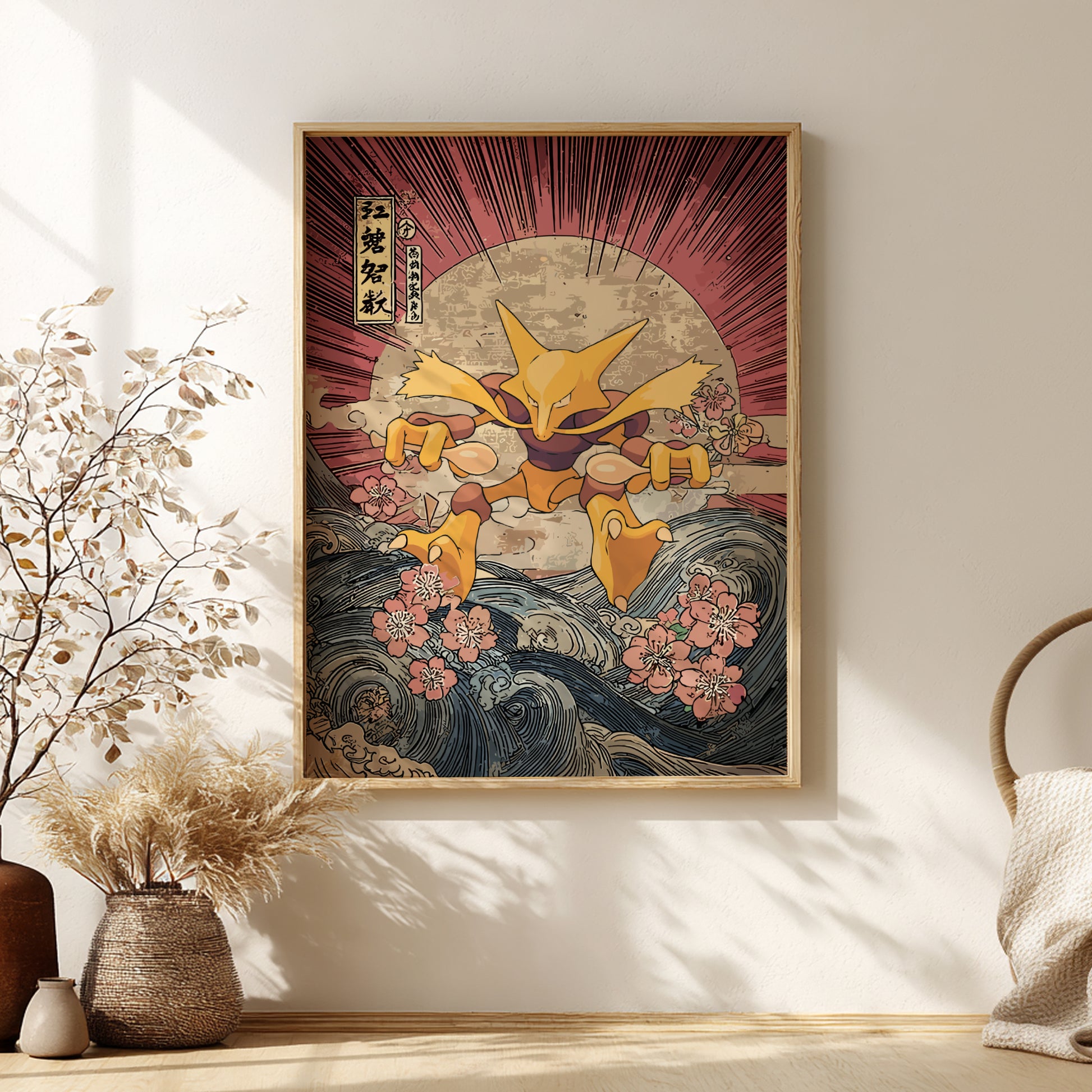Framed artwork of a stylized Alakazam Pokemon with floral elements on a wall.