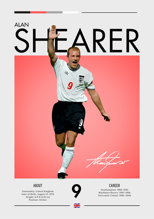 Affiche Alan Shearer – Décoration murale représentant l'attaquant légendaire de Newcastle United et de l'Angleterre