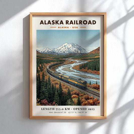 Poster of the Alaska Railroad train traveling through a mountain river valley scene