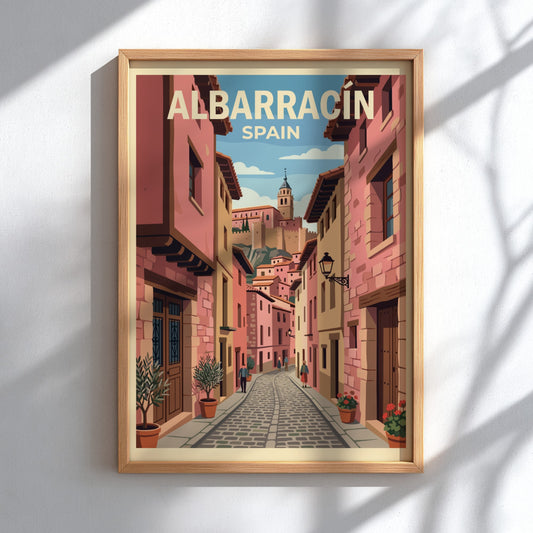 Poster of Albarracín Spain featuring narrow cobblestone streets and historic terracotta buildings under sky.