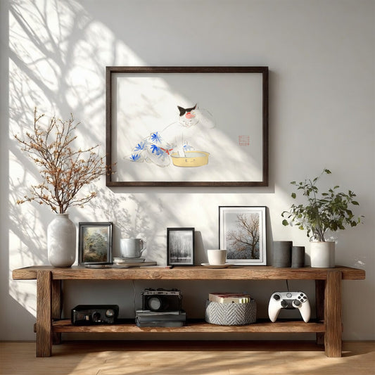 Japanese art poster featuring a playful cat illustration with floral patterns in soft colors.
