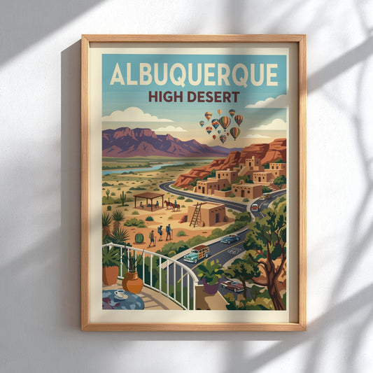 Albuquerque High Desert travel poster with adobe buildings, mountains, and hot air balloons in a vintage