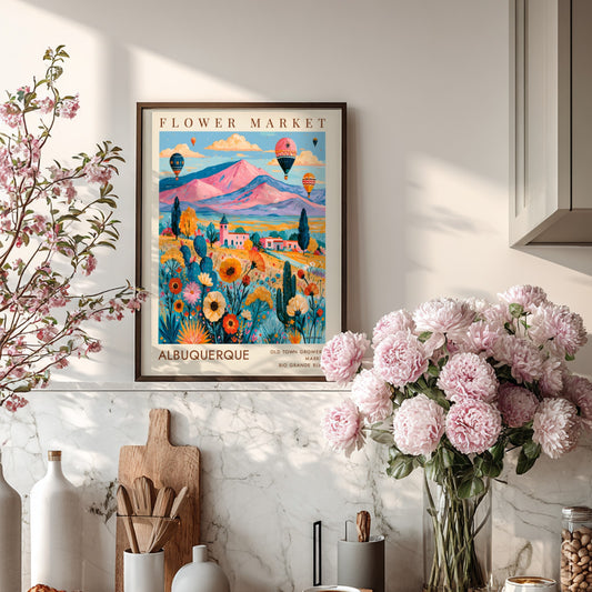 Flower market poster featuring colorful flowers and hot air balloons in Albuquerque landscape