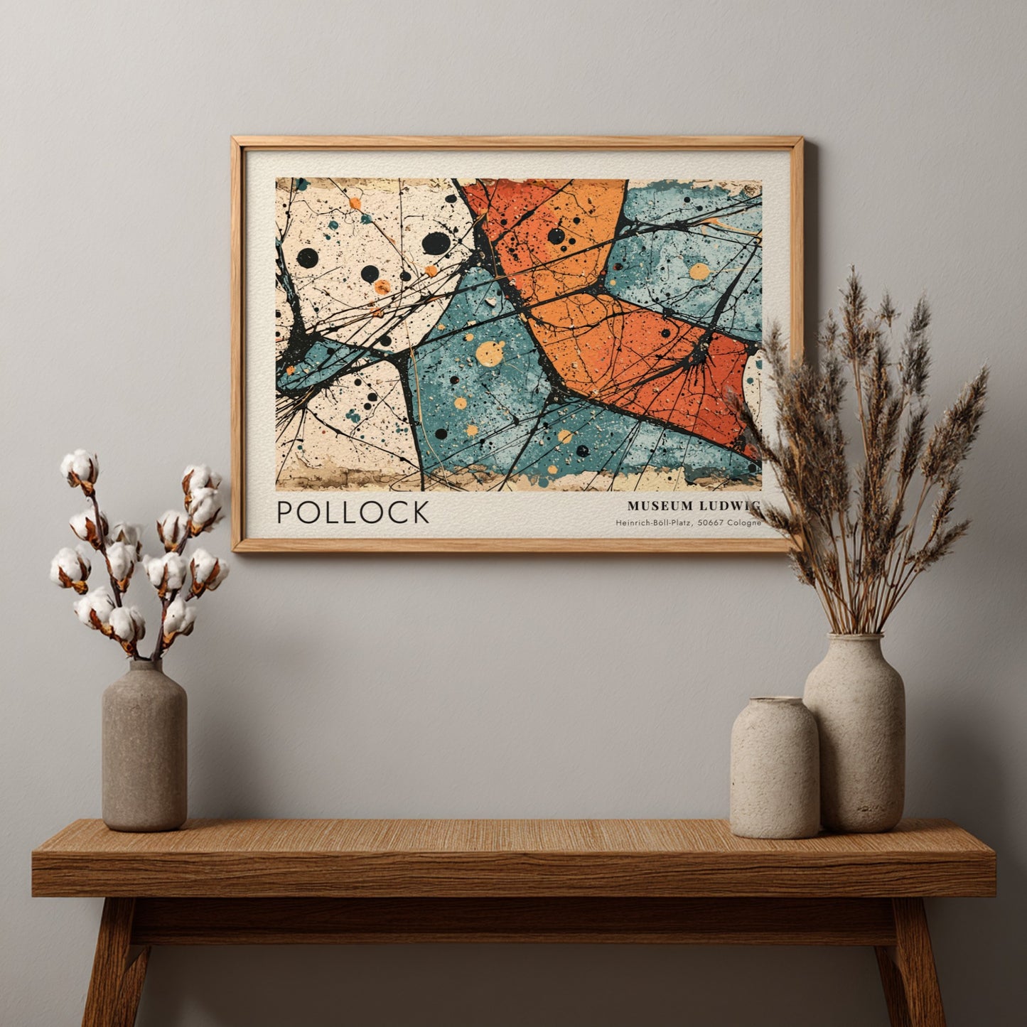 Wall art poster featuring Jackson Pollock Alchemy artwork with orange teal and black