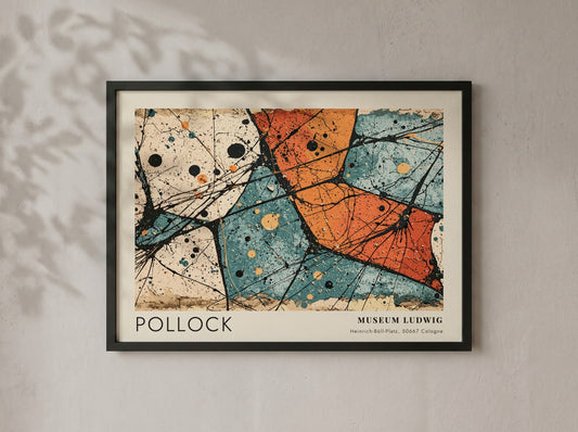 Wall art poster featuring Jackson Pollock Alchemy artwork with orange teal and black