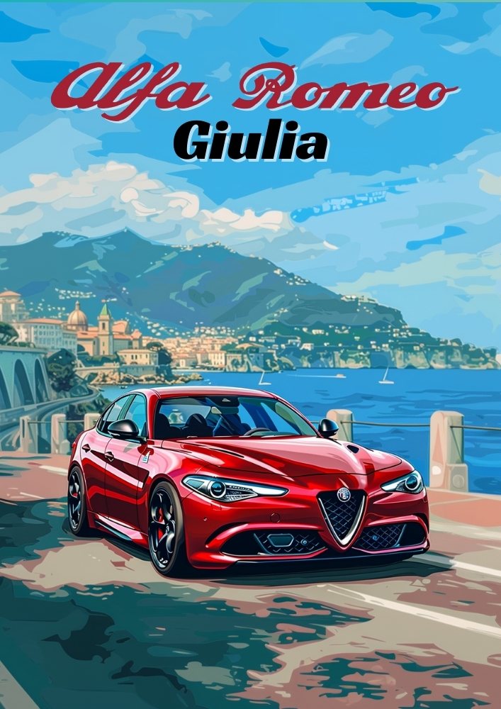 Affiche de voiture Alfa Romeo Giulia – Décoration murale de berline sportive italienne