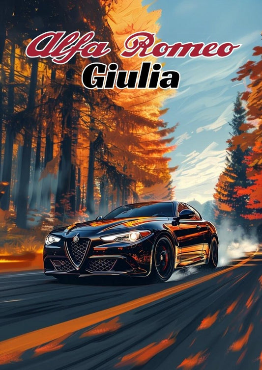 Affiche de voiture Alfa Romeo Giulia – Décoration murale de berline sportive italienne haute performance