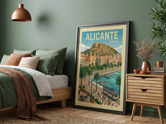 Alicante Spain travel poster, vintage illustration of coastal city with castle, boats, and palm trees.