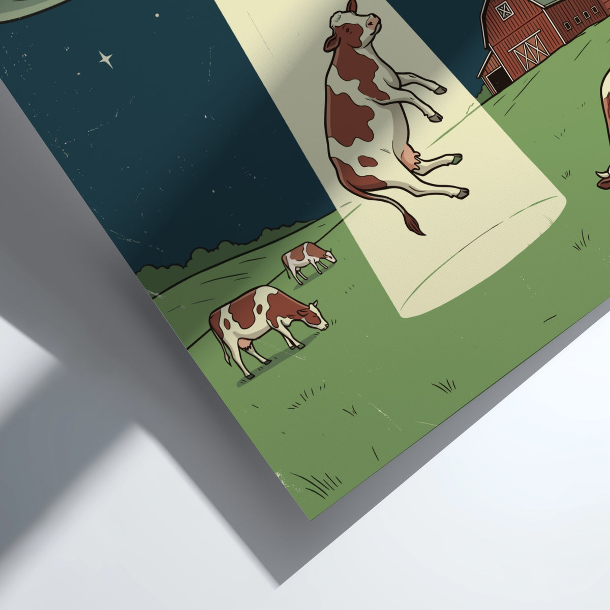 Poster featuring a retro ufo hovering over a farm and abducting a cow