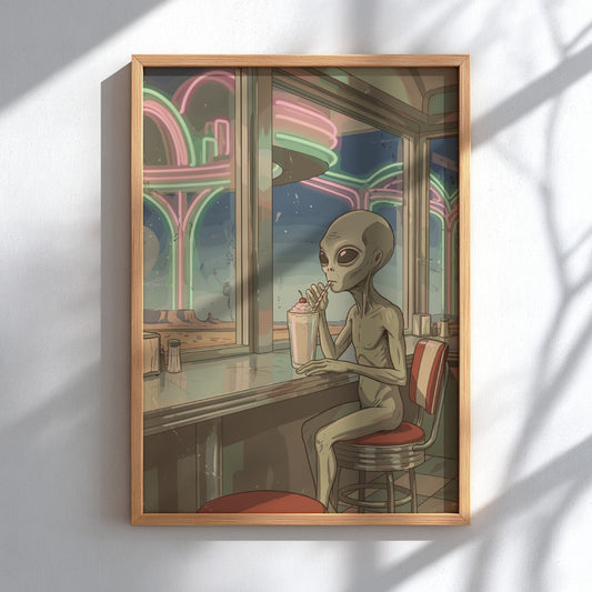 Poster of an alien sitting at a diner counter drinking a cherry milkshake