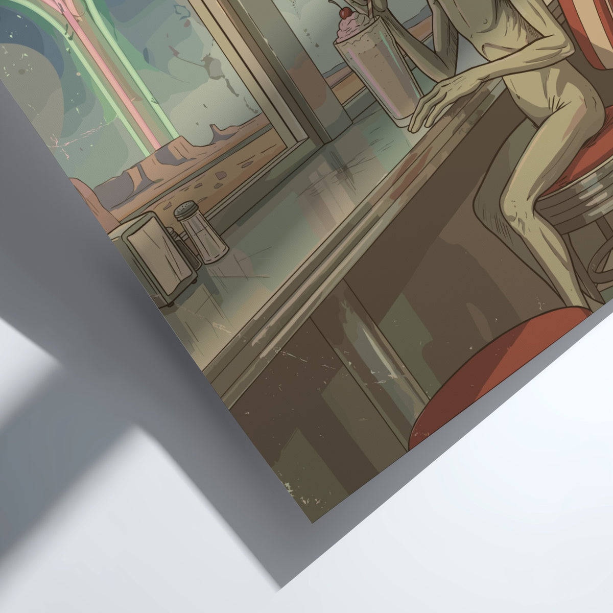 Poster of an alien sitting at a diner counter drinking a cherry milkshake